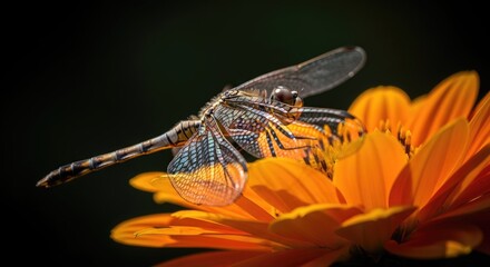 Close up of a dragonfly perched on orange flower with detailed wings
