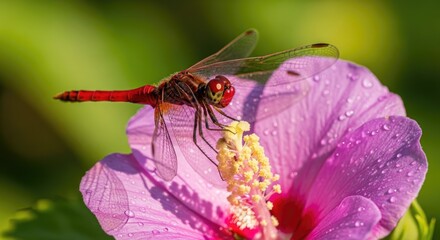 Close up of a dragonfly perched on a pink flower in natural sunlight