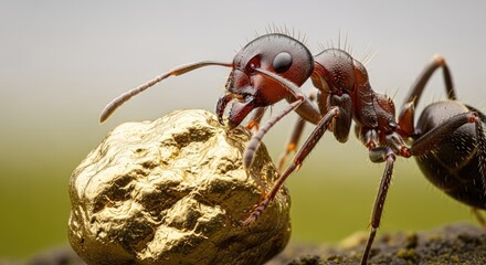 Close up of a red ant carrying a golden rock on a textured surface