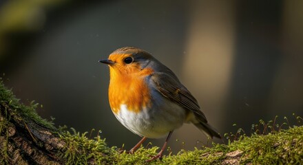 Close up of a european robin perched on a mossy branch in natural habitat