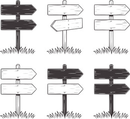 Six black and wooden direction signs with grass in monochrome © Asha