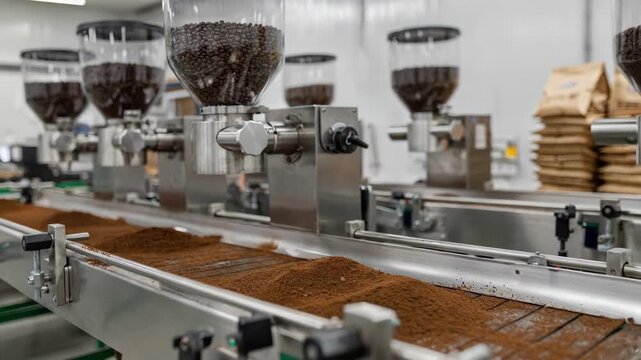 Medium shot of precision grinders on an automated line making fine coffee grounds highlighting smooth operation and uniform particle size for espresso packaging.