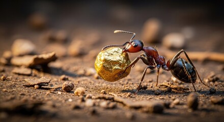 Close up of an ant carrying a golden object on a textured surface