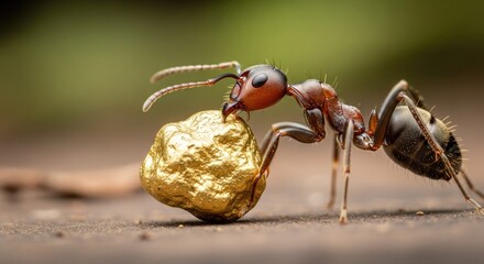 Close up of ant carrying gold rock demonstrating strength and perseverance