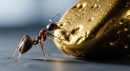 Close up of ant beside golden object highlighting insect behavior and detail