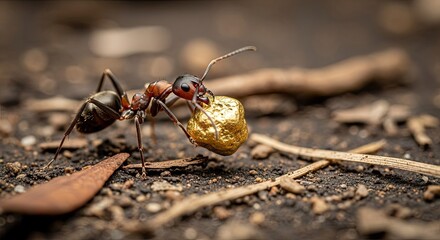 Close up of ant carrying golden nugget on textured surface