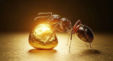 Close up of an ant carrying a golden object against a dramatic background