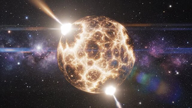 The scene depicts a bright celestial body glowing in space. This glowing celestial body features intricate patterns highlighting the vast cosmos surrounding it.