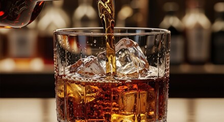 Close up of liquid pouring into glass with ice cubes for beverage