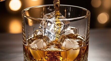 Close up of whiskey pouring over ice cubes in a rocks glass with blurry background