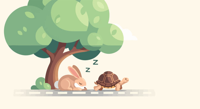 A rabbit sleeps under a tree while a tortoise walks by on a road