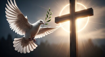 Dove in flight with olive branch and cross symbolizing hope and peace