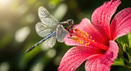 Dragonfly perched on vibrant red flower with delicate wings in sunlight