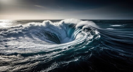 Dramatic ocean vortex massive waves forming a natural whirlpool in the sea