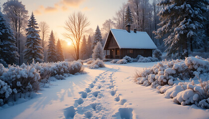 Obraz premium A cozy cabin stands amidst snow-covered trees and bushes in a serene winter landscape at sunrise