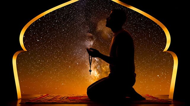 Silhouette of a devoted Muslim man kneeling in prayer with prayer beads against a magnificent, starry night sky framed by an ornate golden archway.