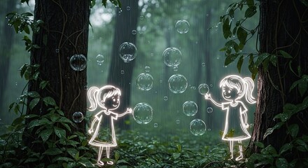 Enchanted forest scene with glowing figures and floating bubbles