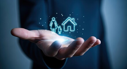 Family home concept hand holding glowing house and people icons