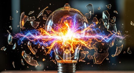 Exploding light bulb with electrical energy and shattered glass concept