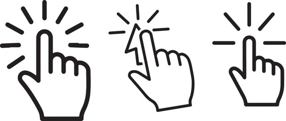 Fototapeta premium Hand click cursor icon with tap gesture rays. Black line art pointer symbol for touch UI and UX interaction on white background eps eps