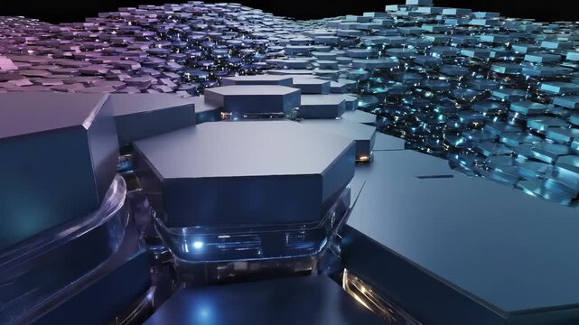 The scene shows a landscape of interlocking, hexagonal shapes. The hexagonal shapes create a textured surface that reflects light, creating a dynamic visual effect.