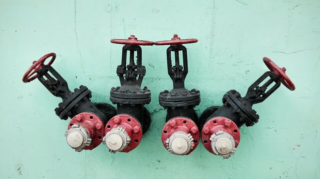 Fire hydrant connection system with red and black industrial valves on a green wall