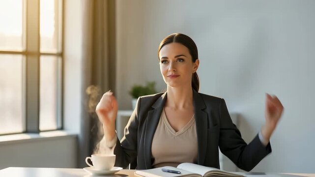 Businesswoman stretching at desk during work break with coffee and documents, office wellness and productivity pause in bright modern workspace