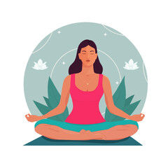 Woman Practicing Yoga Home Yoga Meditation Lotus Pose Illustration Relaxing Yoga Indoors