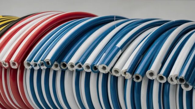 Closeup medium angle showing striped utility cords tightly wound and dyed in contrasting colors focusing on pattern consistency and finishing details for safety applications.