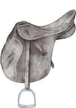 Hand drawn watercolor english black saddle for horse riding and jumping on transparent background