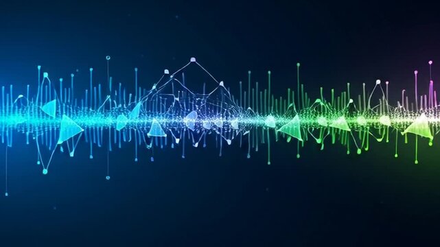 Vibrant digital waveform with glowing triangles and network connections