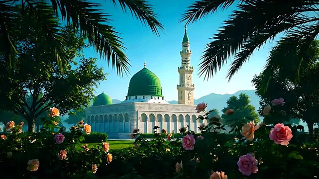 The majestic green dome of Al-Masjid an-Nabawi mosque is beautifully framed by lush tropical palm fronds and vibrant foreground roses under a clear sky.