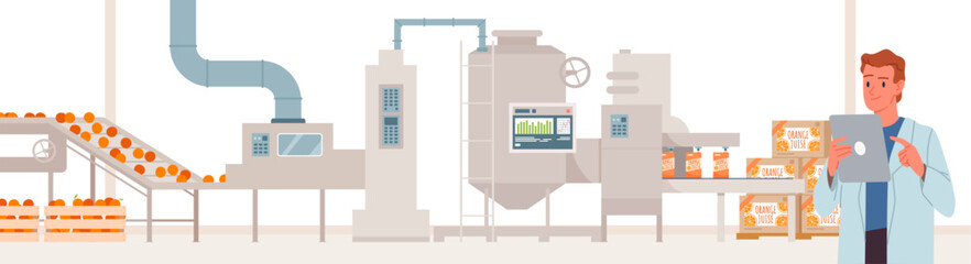 Fototapeta premium Modern orange juice factory with conveyor, machinery, and worker monitoring production line, showing industrial beverage manufacturing workflow, isolated on white background vector illustration
