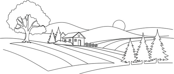 Obraz premium Rural landscape with village houses, trees and fields continuous single line minimalist vector illustration