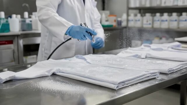 Closeup medium shot of a technician applying fluidbarrier coating on hospital gowns in a sterile lab enhancing protection against liquids for medical environments.
