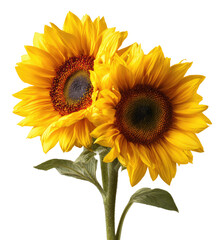 Obraz premium Two vibrant sunflowers on a green stem against a black backdrop, showcasing bright yellow petals