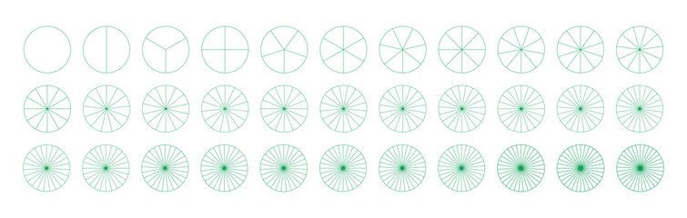Segmented green charts from 1 to 33 segments. Pie, pizza chart template. Segments round infographic. Diagram wheel parts. Sectors divide the circle on equal parts from one to thirty three.