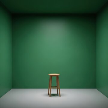 A Solo Stool in a Minimal Green Room Studio.