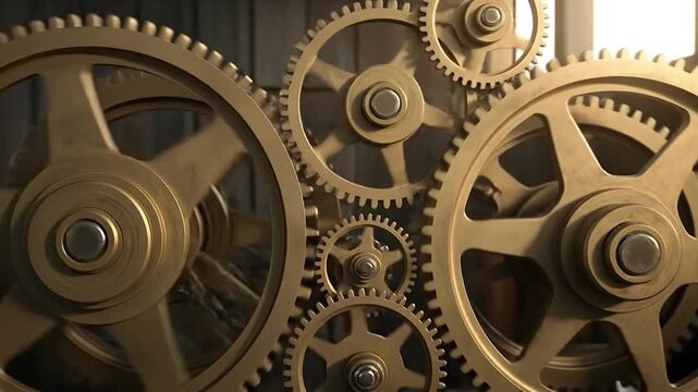 Closeup of interlocking brass gears mechanism.