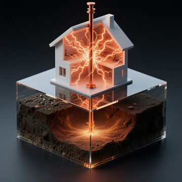 Electrical grounding system in a residential house, 3d cross section showing copper rod and lightning protection