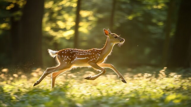 Fawn running through sunlit forest