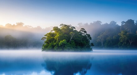 Serene island with lush green trees surrounded by mist on a calm lake