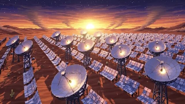 Radio Telescopes Array at Sunset.