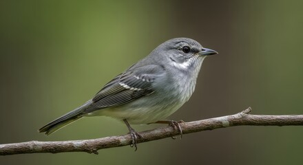 Small gray bird perched on a branch against a blurred green background