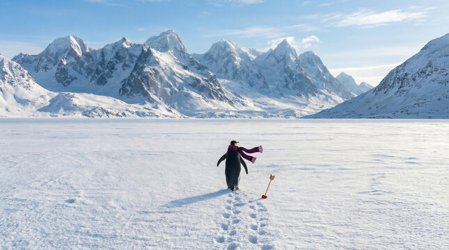 Nihilist penguin walking away across frozen Antarctic ice after being struck by a cupid arrow with a heart tip, wearing a red scarf&mdash;Valentine&rsquo;s Day irony, heartbreak and existential love scene.