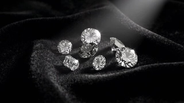 Diamonds and gemstones sliding across black velvet cloth under spotlight with sparkling reflections and shine