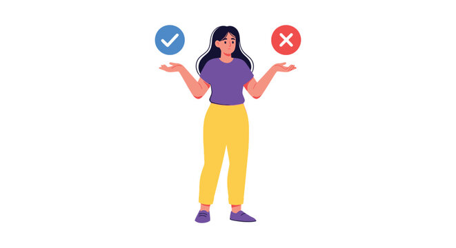 Woman weighing pros and cons decision between correct choice and incorrect option visually