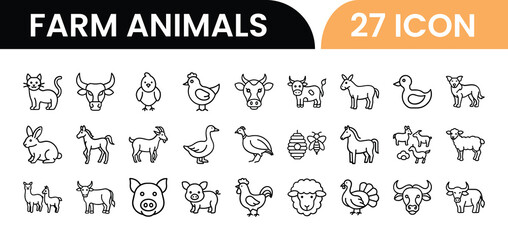 Outline Farm Animals Icon Set in Line Art Style for Livestock, Agriculture, Ranch, Dairy, and Digital Interface Design