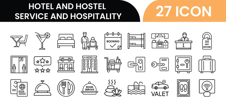 Outline Hotel and Hostel Service Icon Set in Line Art Style for Accommodation, Reception, Booking, Room Service, and Digital Interface Design