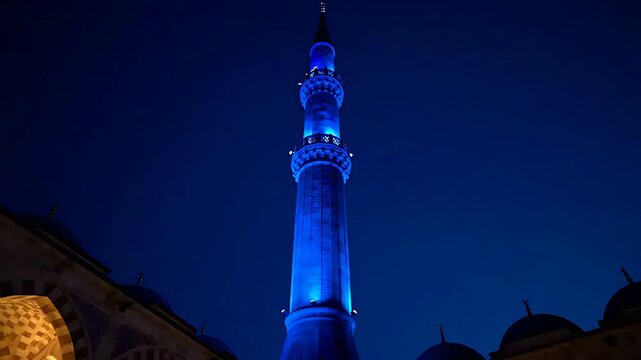 Strikingly illuminated mosque minaret bathed in vibrant blue light stands tall against the deep indigo night sky showcasing historic Islamic architecture beautifully.